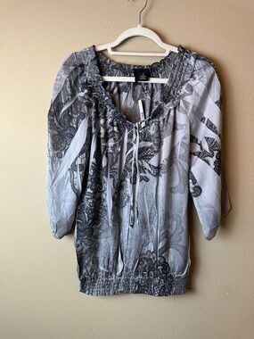new directions Black and Grey Abstract Peasant Blouse